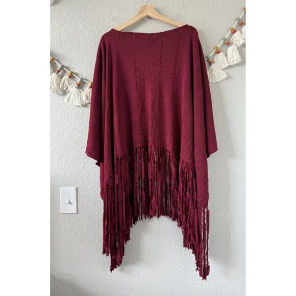 Patti LaBelle Silk Blend Red Knit Fringe Boat Neck Poncho Top Holiday Glam OS - Picture 2 of 9